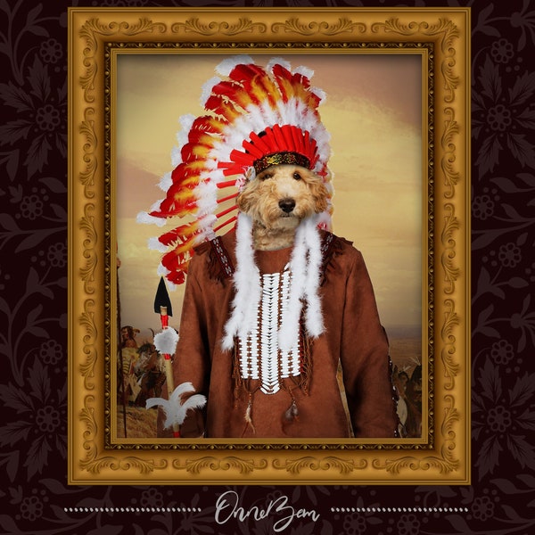 Custom Pet Portrait . Custom Native Pet Portrait . Tribe Costume Portrait . Funny Pet Portrait . Unique Pet Portrait . Native Costume . NAV1
