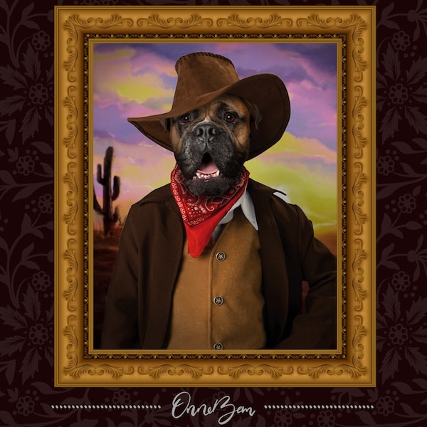 Custom Cowboy Pet Portrait . Custom Cowboy Animal Portrait . Cowboy Costume . Funny Pet Portrait . Hilarious Pet Portrait . CV2