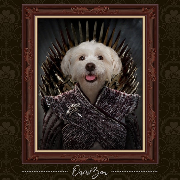 Retrato de mascota personalizado con traje de Daenerys Targaryen. Retrato de animal personalizado. Retrato de Juego de Trono. Divertido retrato de mascota. GoT6