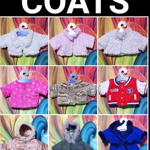 May include: Nine different teddy bear coats on hangers. The coats are in various colors and styles, including a pink quilted coat, a gold sequined coat, a red and blue baseball jacket, a white fur coat, a purple fur coat, a brown hooded coat, a green hooded coat, and a blue coat with a fur collar.