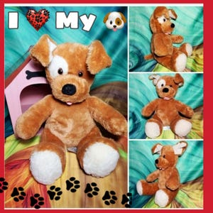 May include: A plush brown puppy dog with white accents on its paws and a white patch over one eye. The image includes the text "I ❤️ My" and a dog house illustration. Additional images show the puppy in different poses.