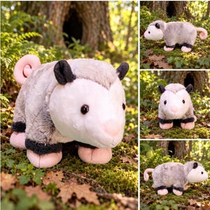 May include: A plush opossum toy featuring soft gray and white fur, a pointed snout with a pink nose, black ears, and dark paws. The stuffed animal has a curled pink tail and black button eyes, presented in multiple angles to show its full form.