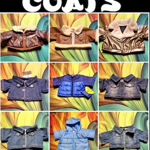 May include: A collection of children's coats, including denim jackets, bomber jackets with faux fur collars, and a light blue puffer jacket. The word "COATS" is displayed in large white letters at the top of the image.