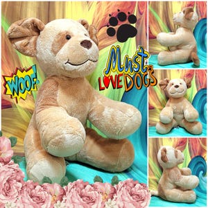 May include: A tan plush dog toy with floppy ears, a dark brown nose, and a stitched smile. The image features the text WOOF and MUST LOVE DOGS. The toy is shown from multiple angles, including front and side views, against a colorful background.