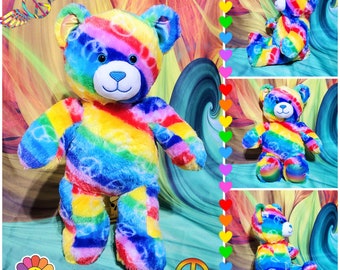 Build-a-Bear Rainbow Peace Teddy  Blue Eyed Tie Dyed Plush Stuffed BABW Toy 16"  B3