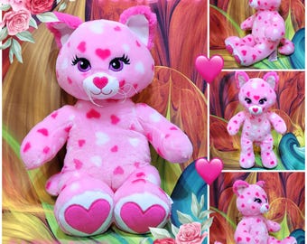 Build A Bear Huggable Hearts Pink Kitty Cat Valentines Day 16" Stuffed Plush Teddy