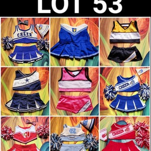 May include: A collection of cheerleading outfits in various colors, including blue, red, pink, and yellow. Each outfit consists of a top and a pleated skirt, some with matching bows and pom-poms. The outfits have the word "CHEER" on them.