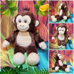Build a Bear Smiley Monkey Chimp Ape 16" Stuffed BABW Plush Brown Tan Embroidered Eyes