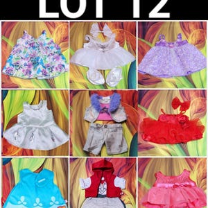 May include: A collection of doll clothes, including dresses, tops, and shorts. The dresses are in various colors, such as white, purple, red, and blue. Some outfits include accessories like bows and shoes. The text "LOT 12" is at the top.