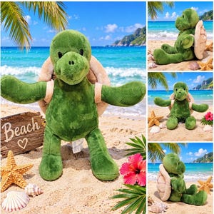 May include: A plush turtle toy with soft green fabric and a tan shell, featuring a small backpack design with straps. The turtle has a rounded head, dark eyes, and is positioned on a sandy beach with a wooden sign that says Beach with a heart.