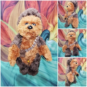May include: A brown and black plush toy of Chewbacca from Star Wars. The toy is wearing a brown bandolier with a black pouch. The toy is standing on a blue and green background.