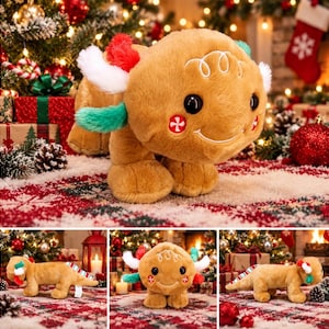 May include: A tan plush toy shaped like a gingerbread creature with large black eyes, a stitched smile, and red and white peppermint candy accents on its cheeks. It features fluffy white, red, and green tufts on its head and a striped tail.