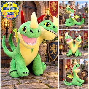 May include: A plush two-headed dragon toy featuring bright green fur, a pale yellow underbelly, red spikes along the back, and yellow horns. The creature has large yellow eyes, a wide open mouth with white teeth, and two long tails. A tag reads NEW WITH TAGS.