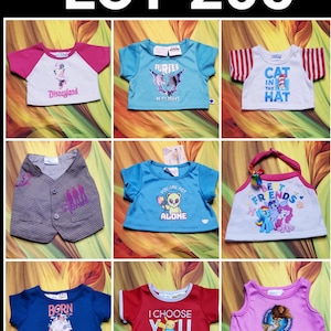May include: A collection of nine children's shirts and a vest. The shirts are various colors, including blue, red, and pink, with graphics and text such as "Disneyland", "Furries", "Cat in the Hat", "You are not alone", "Born Wild", "I Choose You", and "Best Friends".