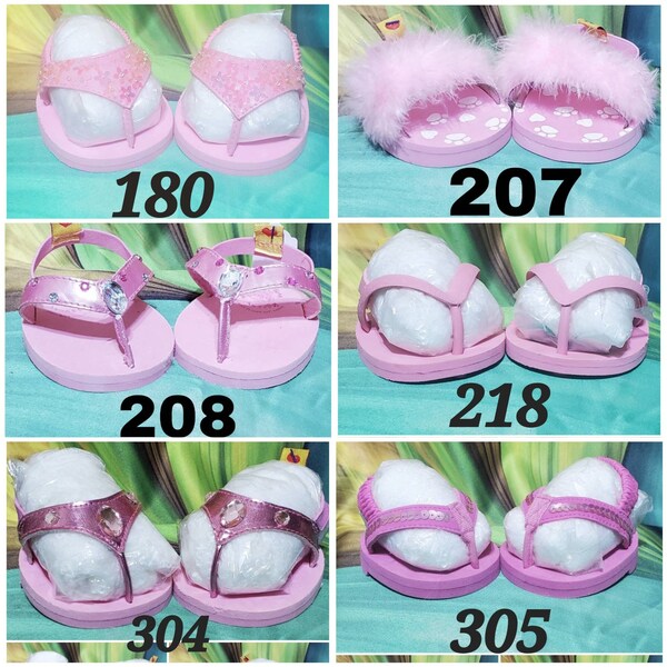 Build A Bear BABW Flip Flops Shoes Pink Sparkly Jeweled Feathered Sandals Beach Summer Thongs Slippers