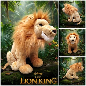 May include: A plush lion toy with golden-tan fur and a thick, shaggy mane. The stuffed animal features a white muzzle, dark brown nose, and black eyes. The text Disney The Lion King is printed in gold lettering at the bottom of the image.