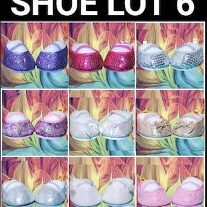 Build a Bear Sparkley Glitter Sequined 16&quot; Teddy Stuffed Animal Formal Shoes Purple Pink Silver Slippers LOT 6