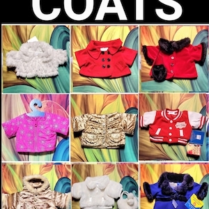 May include: A collage of nine doll coats in various styles and colors. The coats include a white faux fur jacket, a red jacket with black buttons, a red coat with black fur trim, a pink jacket with a zipper, a gold quilted jacket, a red and white letterman jacket, a tan jacket with a fur-lined hood, a white fur jacket, and a blue coat with black fur trim. The word "COATS" is at the top.