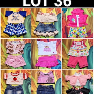 May include: A collection of children's clothing sets, including tops, shorts, skirts, and a jacket. The sets feature various designs, such as a poodle, floral patterns, and the text "Birthday Princess." Colors include pink, blue, white, and denim.
