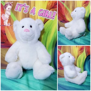 15&quot; Build A Bear White Its a Baby Girl Pink Nosed Plush Stuffed Teddy
