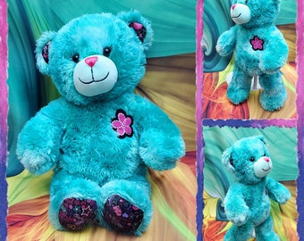 Build A Bear Bff Best Friends Forever Teal Blue 17" Plush Stuffed Teddy Flowers. B140