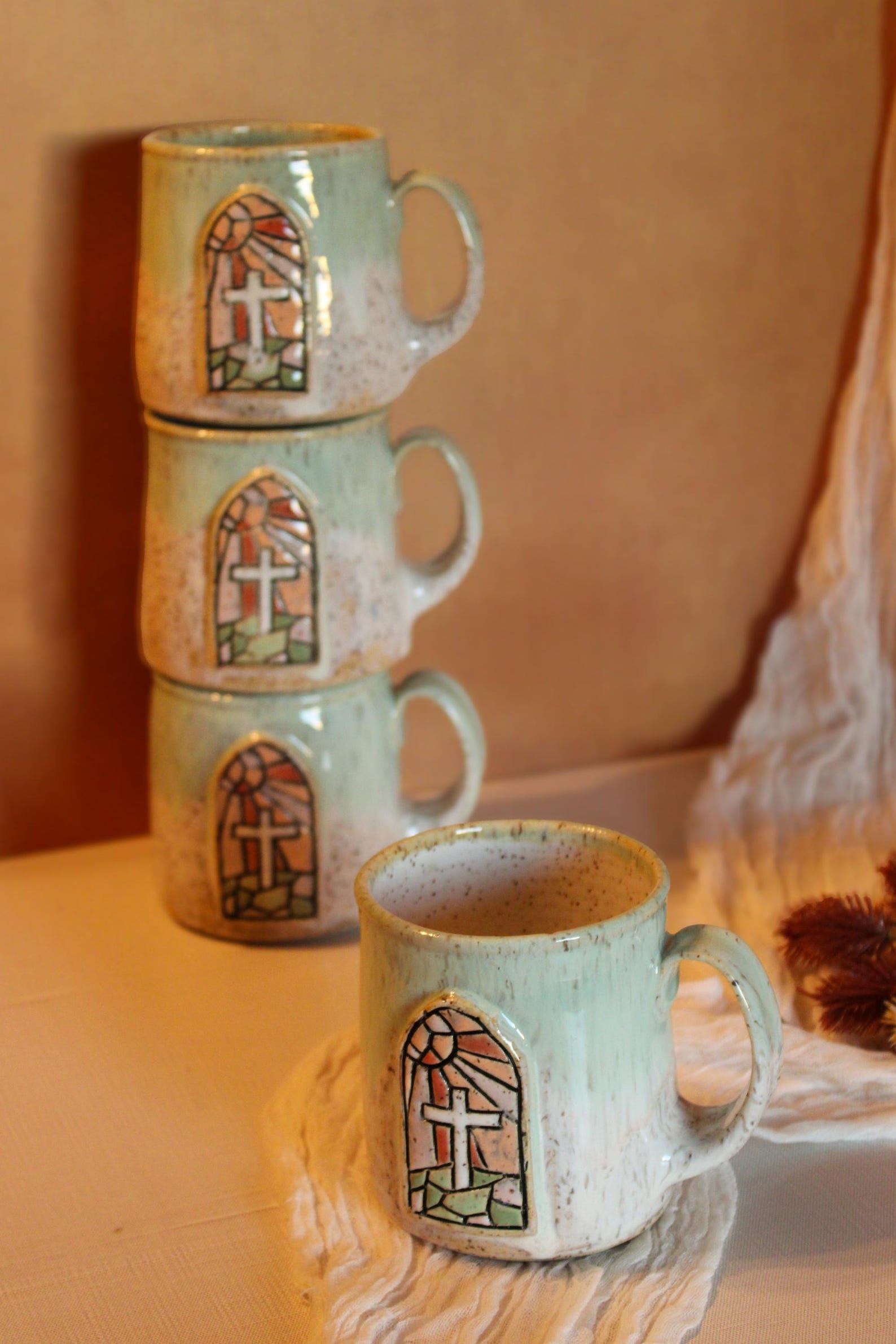 Handmade Faith ceramic mug, “Blessed”, MADE-TO-ORDER, Christian ceramic mug, Ceramic hand-painted Catholic cross, Jesus pottery - Pre-order, Set of 2