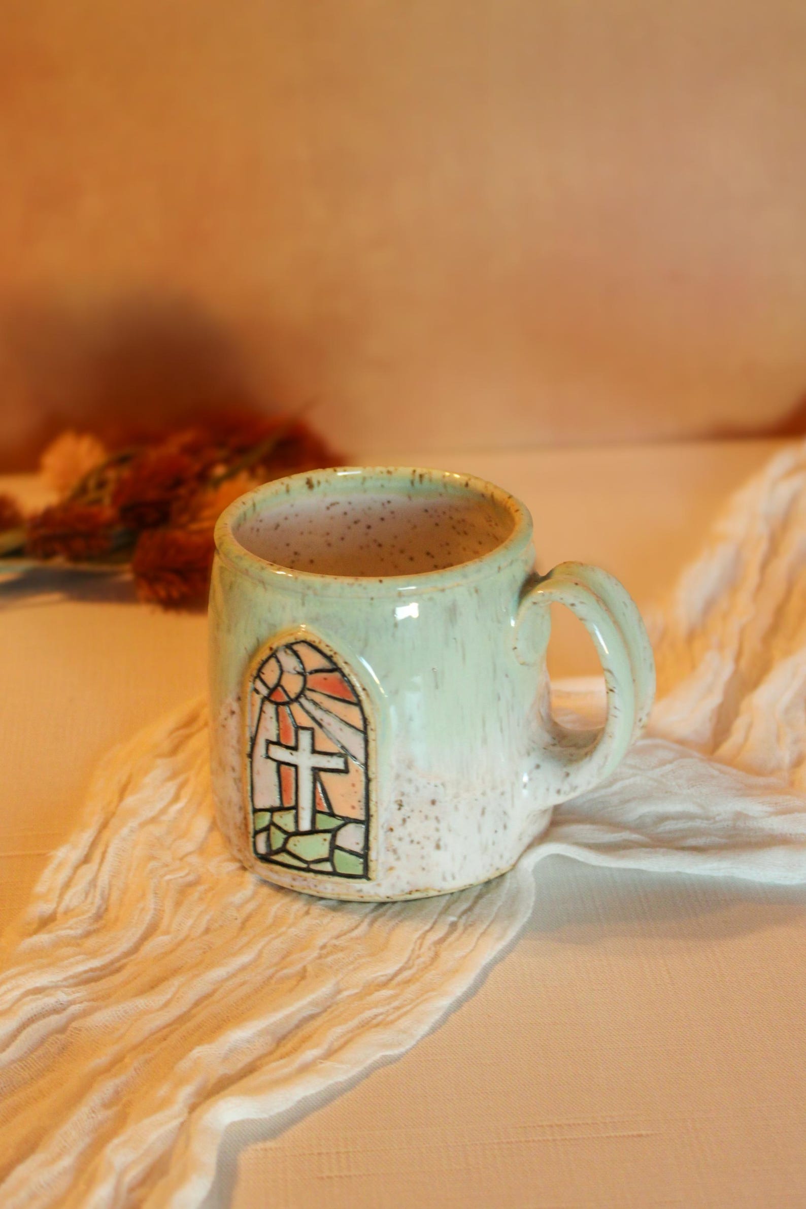 Handmade Faith ceramic mug, “Blessed”, MADE-TO-ORDER, Christian ceramic mug, Ceramic hand-painted Catholic cross, Jesus pottery - Pre-order, Single Mug