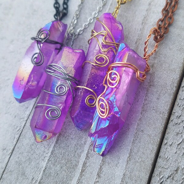 Raw Purple Aura Quartz Crystal Wire Wrap Necklace - Aura Quartz Necklace - Aura Quartz Jewelry - Mermaid Fairy Unicorn Crystal Necklace