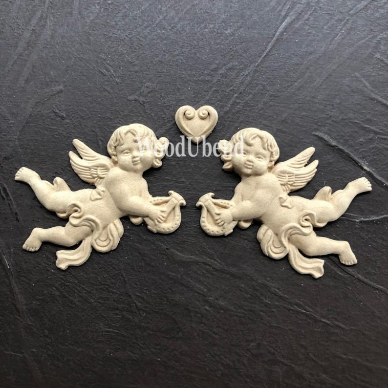 woodubend 10 x 8cm, Angels with Heart, Decorative Furniture Applique/WoodUbend Moulding, SKU 1186 bendable when heated 