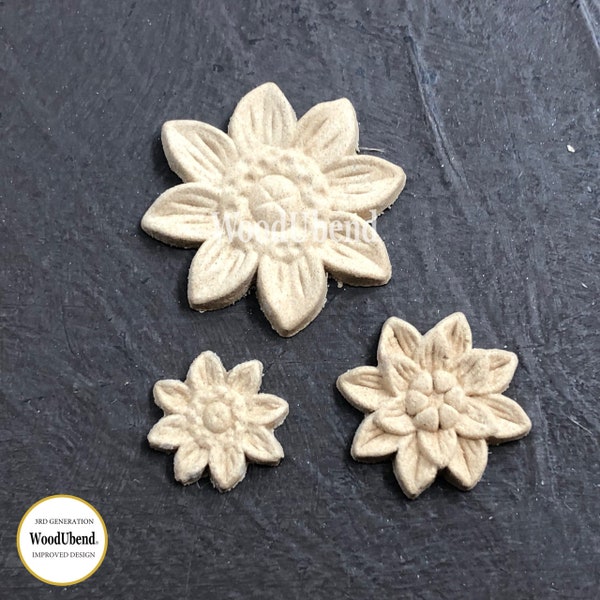 4.5cm X 5.5cm  Decorative 3 Flowers, Decorative Applique/WoodUbend Furniture Moulding, SKU 0464 Bendable when heated