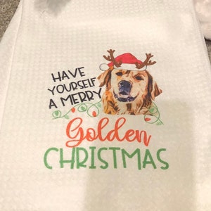 Golden Retriever, Have yourself a Merry Golden Christmas, Christmas, Kitchen Decor, Kitchen Towel, Waffle Towel, Reindeer