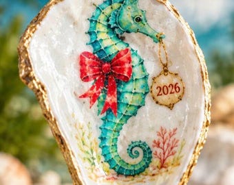 Weihnachtlicher Seepferdchen-Weinverschluss 2026, Weinflaschenverschluss aus Austernschale, Festliche Bar-Accessoires im Küstenstil, York River VA Muschel