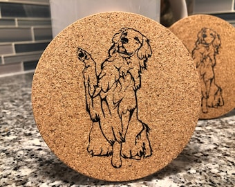Golden Retriever Cork Coasters – Dog Lover Gift, Laser Engraved Natural Cork Drink Coasters, Home Decor