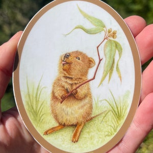 Puede incluir: Una ilustración linda y de estilo de dibujos animados de un quokka sosteniendo un palo con hojas verdes. El quokka es marrón y peludo, con una gran sonrisa y una nariz rosada. El fondo es verde claro y marrón, con hierba y hojas.