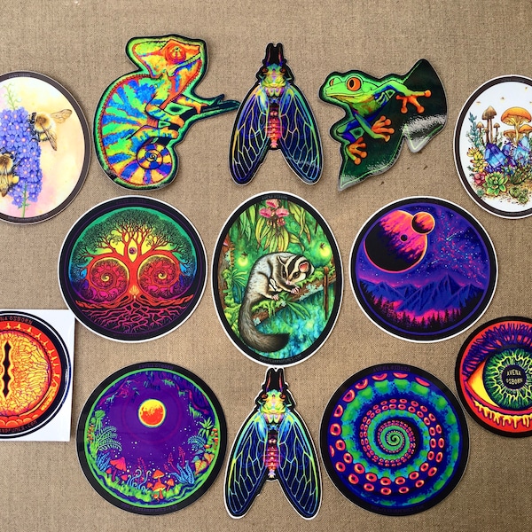 Large Sticker Pack - All designs, Variety of Psychedelic Colourful Nature, Vinyl Stickers.