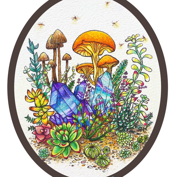 Mushroom/Succulent/Crystal Watercolour - Cute Cottagecore/Witchy/Boho/Hippie Vinyl Sticker, oval