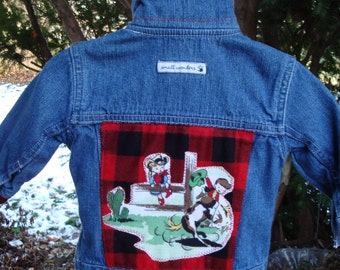 size 6/9 months girl denim jacket western style with buffalo plaid and ponies