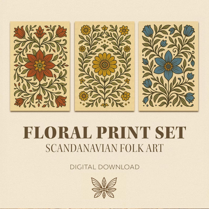 Scandinavian Folk Art Print Set | Nordic Floral Digital Download | Mid ...