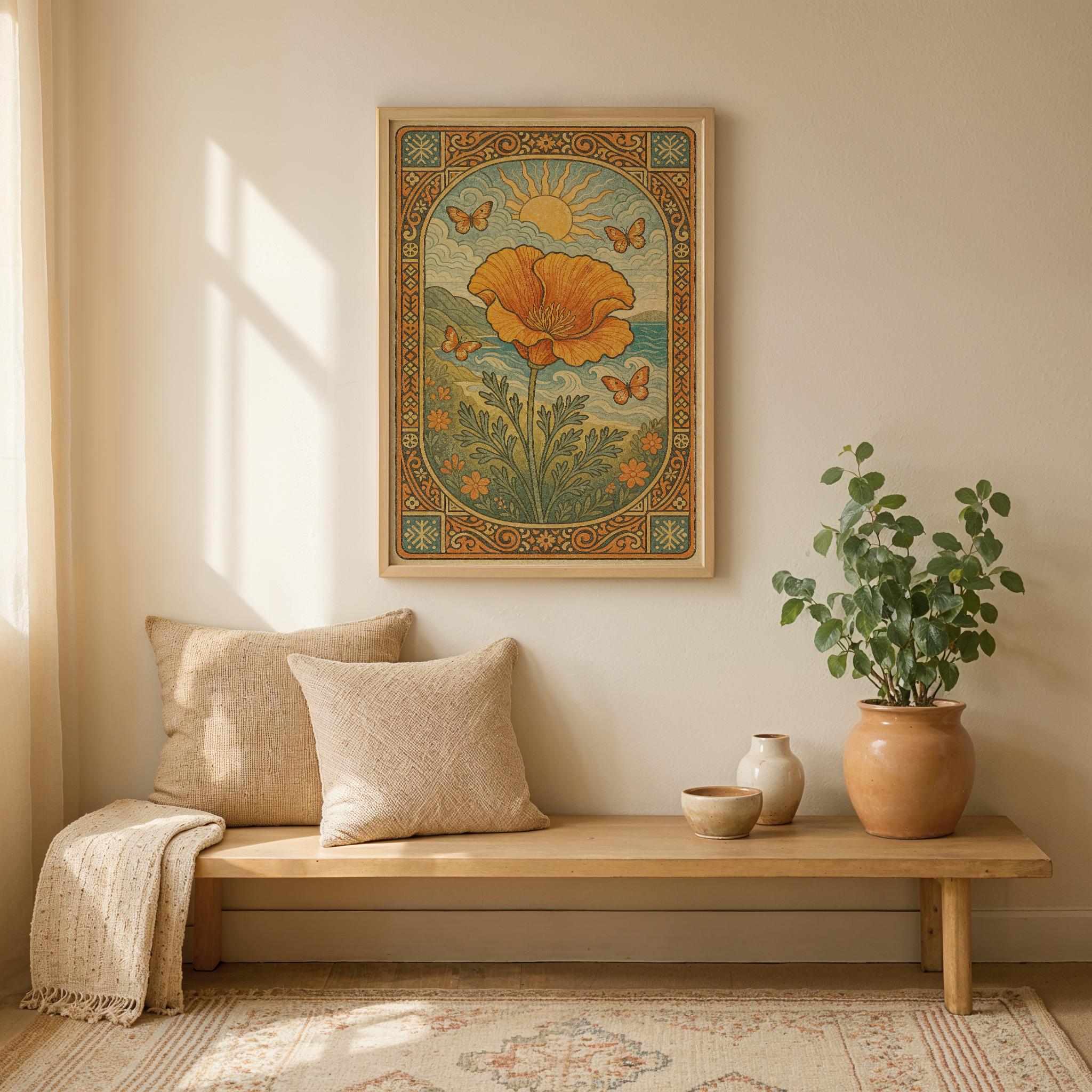 California Poppy Art Print: Vintage Botanical Folk Art (Digital Download)