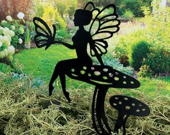 Mushroom Fairy Garden Stake, Butterfly Planter Decoration, USA Made