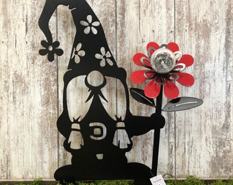 Solar Gnome with Flowers, 22”H x 17”W, solar light, gnome, garden gnome, metal art, garden stake, solar stake, solar gnome, flower stake