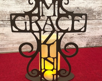 Grace Cross Candle Holder, Metal Christian Decor, Religious Gift, Prayer Altar Centerpiece