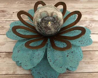 Solar Flower Centerpiece, Metal Flower, solar light, gift for mom, metal yard art, metal flower, housewarming gift, garden decoration,