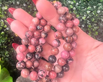 Rhodonite Bracelet, Rhodonite, Crystal Bracelet, Stretch Bracelet, Pink and Black, Bead Bracelet, Healing Bracelet, Crystal Jewelry