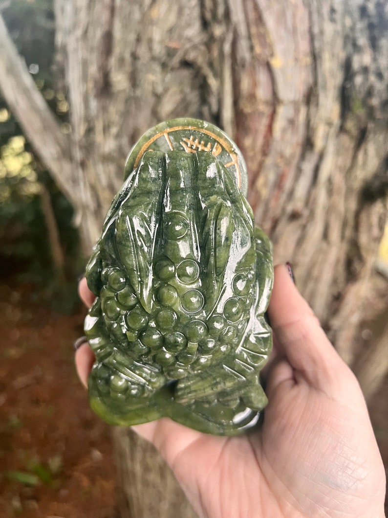 May include: A green jade frog sculpture with a coin on its head. The frog has detailed carvings and a smooth, polished surface. The coin has gold-colored accents and symbols. The sculpture is held in a hand against a blurred natural background.