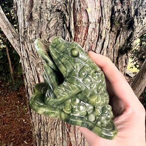 May include: A green stone frog sculpture with detailed carvings, resting on a lily pad. The frog has textured skin and prominent eyes. The sculpture is held in a hand against a blurred tree bark background.