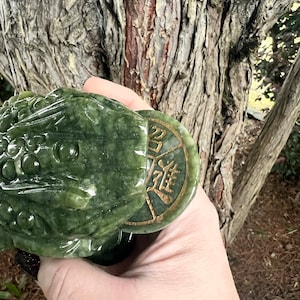 May include: A jade frog sculpture in shades of green, with a detailed carved design. The frog holds a coin with gold-colored Chinese characters. The sculpture is held in front of a tree trunk.