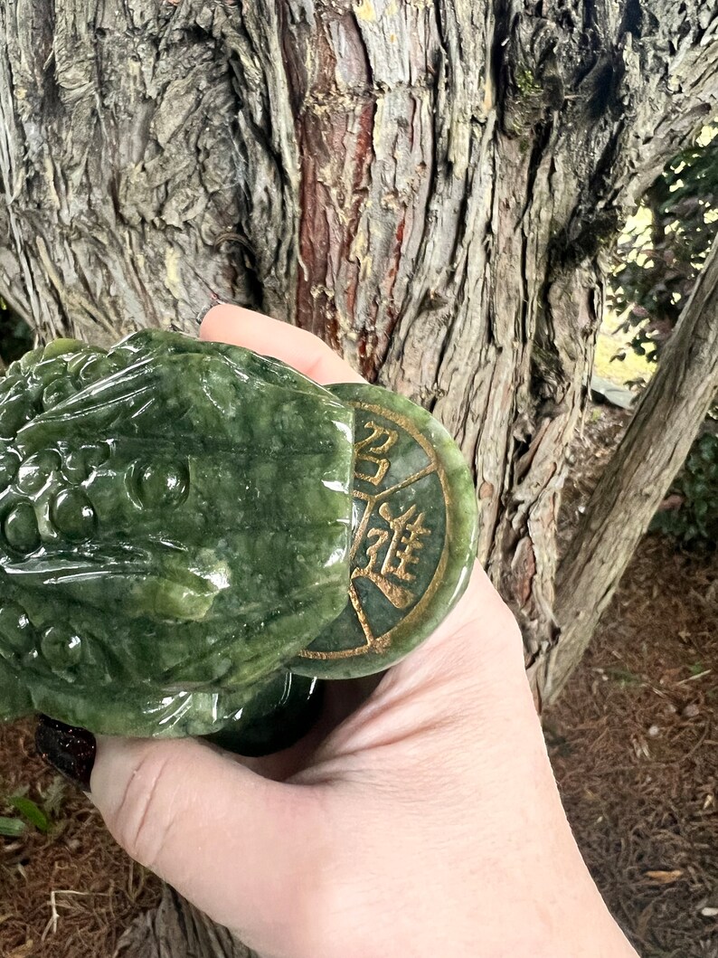 May include: A jade frog sculpture in shades of green, with a detailed carved design. The frog holds a coin with gold-colored Chinese characters. The sculpture is held in front of a tree trunk.