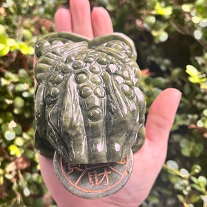 May include: A detailed, green jade frog sculpture holding a coin with Chinese characters. The frog is carved with intricate details, and the coin has a bronze-colored rim. The sculpture is held in a hand against a blurred green background.