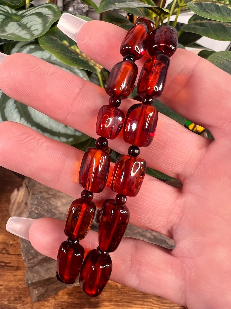 May include: A two-strand bracelet featuring rectangular amber beads with a rich, reddish-brown hue. The beads are separated by small, dark beads. The bracelet is held against a backdrop of green foliage.
